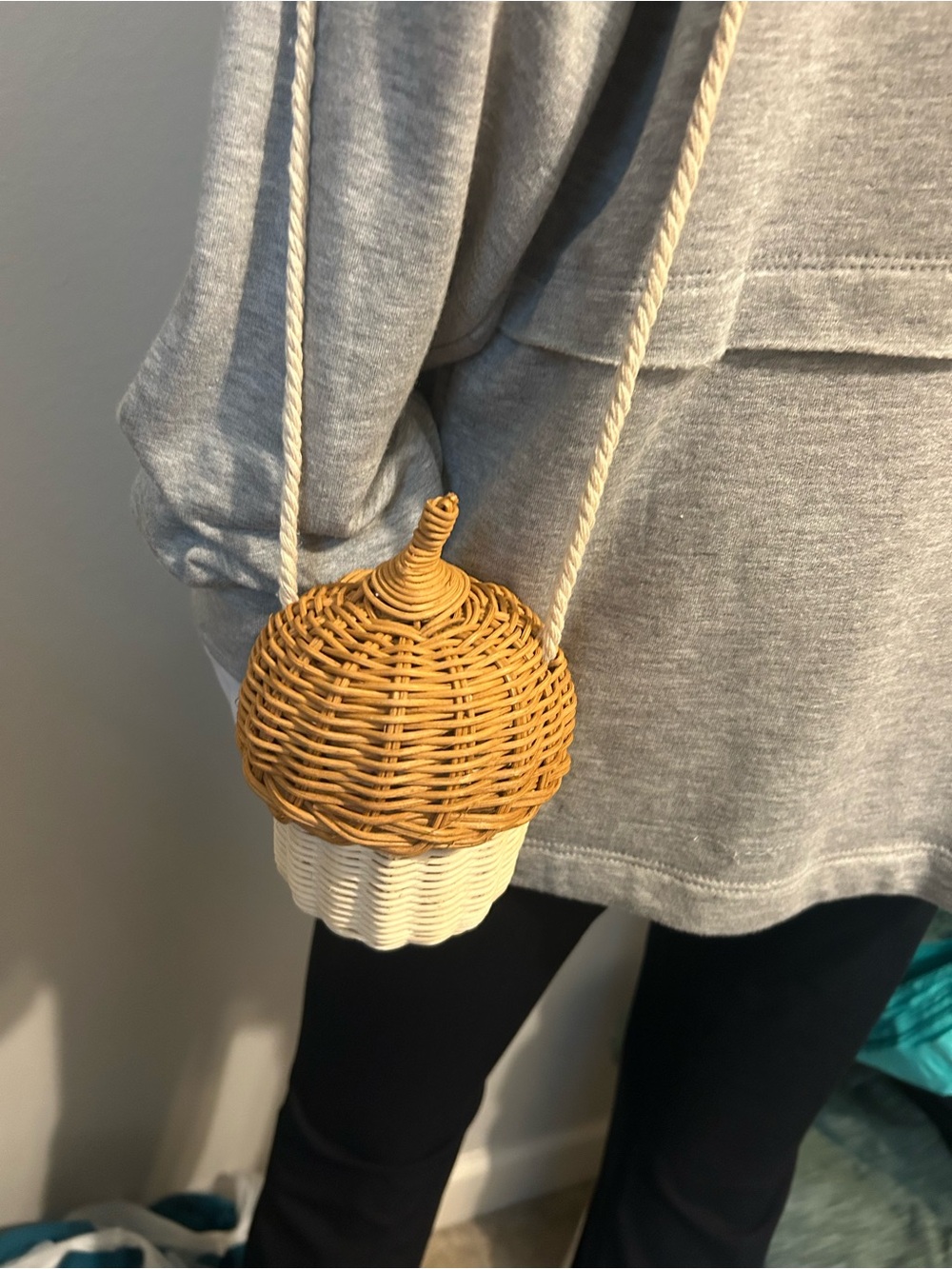 Woven Acorn Crossbody Bag in Tan and Cream